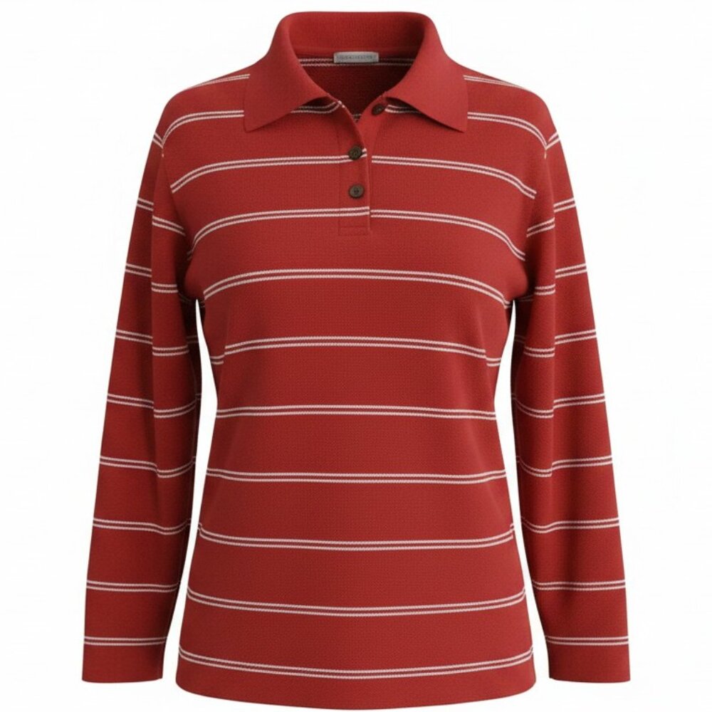 VINCE Striped Italian Cotton Piqué Polo Sweater Brick Rose Medium NWT $268 - Picture 3 of 8